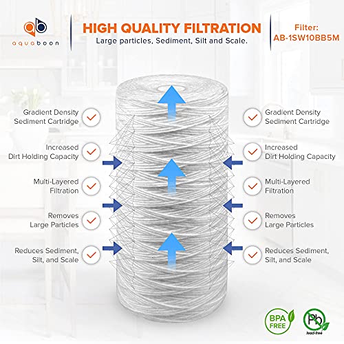 Aquaboon 4.5” x 10" Whole House Water Filter System with Pressure Release (1" Port) & Aquaboon 5 Micron 10" String Wound Sediment Water Filter Cartridge