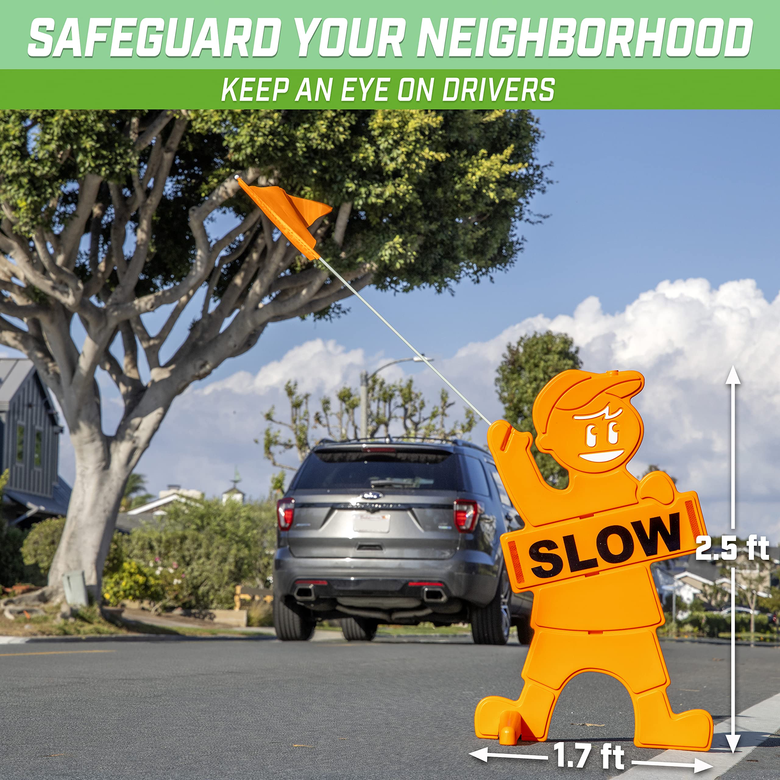 GoSports Slow Down Man! Street Safety Sign - Double-Sided High Visibility Kids at Play Signage for Neighborhoods with Flag