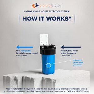 Aquaboon 4.5” x 10" Whole House Water Filter System with Pressure Release (1" Port) & Aquaboon 5 Micron 10" String Wound Sediment Water Filter Cartridge