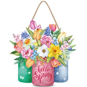 Hello Spring Door Sign Colorful Floral Spring Hanging Sign Happy Spring Welcome Door Sign Rustic Wood Wall Hanging Decoration for Spring Easter Party Outdoor Indoor Front Door Decor (Flower Style)