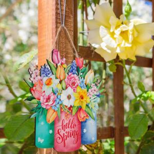 Hello Spring Door Sign Colorful Floral Spring Hanging Sign Happy Spring Welcome Door Sign Rustic Wood Wall Hanging Decoration for Spring Easter Party Outdoor Indoor Front Door Decor (Flower Style)