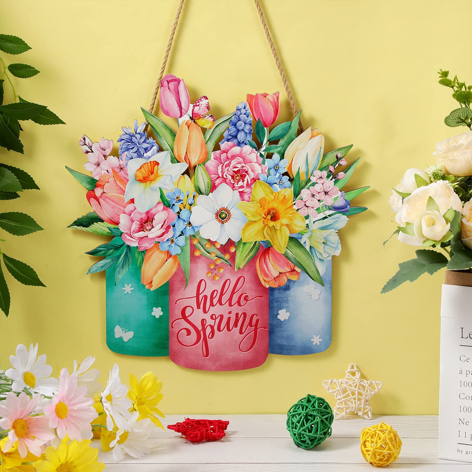 Hello Spring Door Sign Colorful Floral Spring Hanging Sign Happy Spring Welcome Door Sign Rustic Wood Wall Hanging Decoration for Spring Easter Party Outdoor Indoor Front Door Decor (Flower Style)