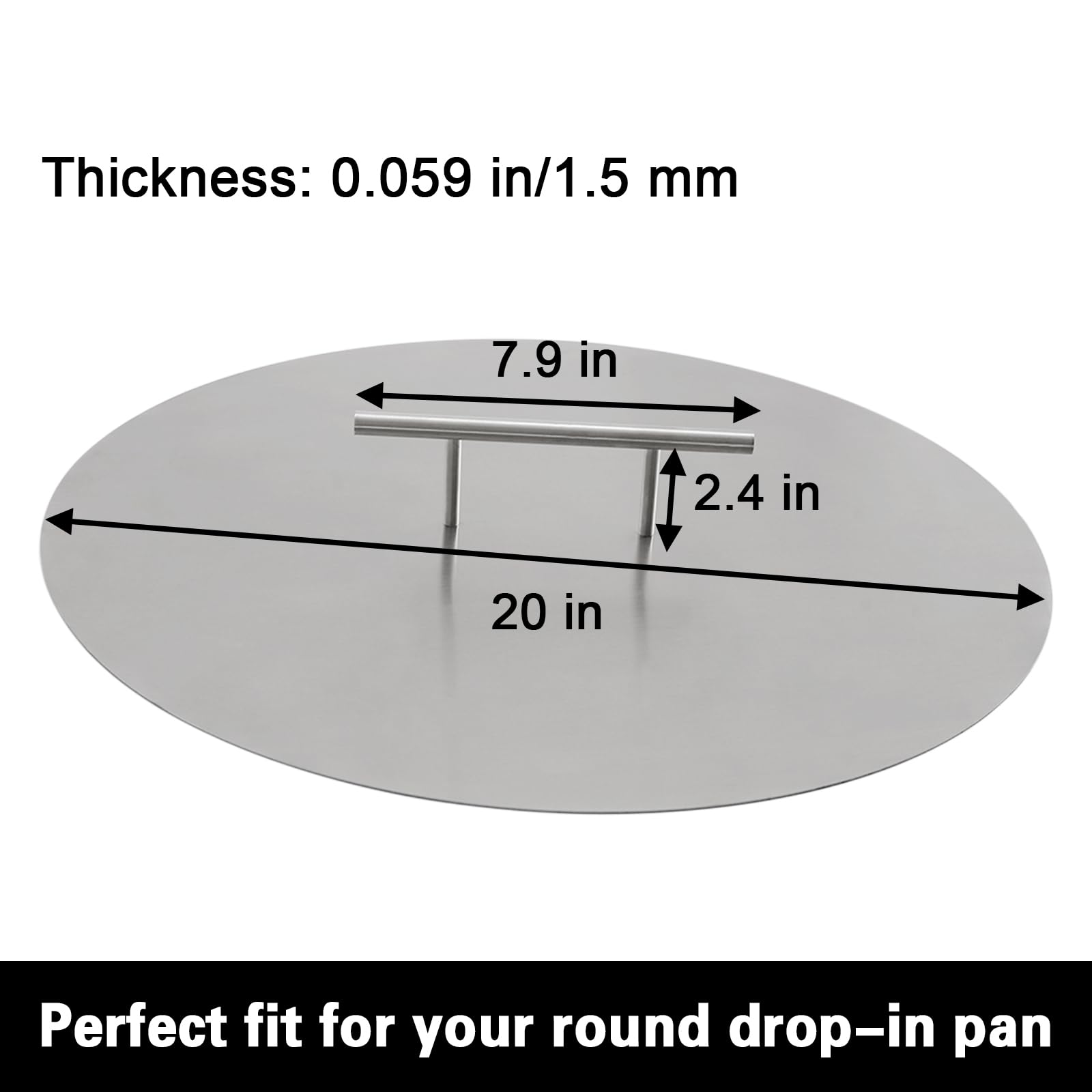 Fire Pit Burner Cover Round, 20 in Fire Pit Lid 1.5 mm Thickness 304 Stainless Steel, w/Handle, for 19 Inches Diameter Drop-in Fire Pit Burner Pan (Round, 20 in)