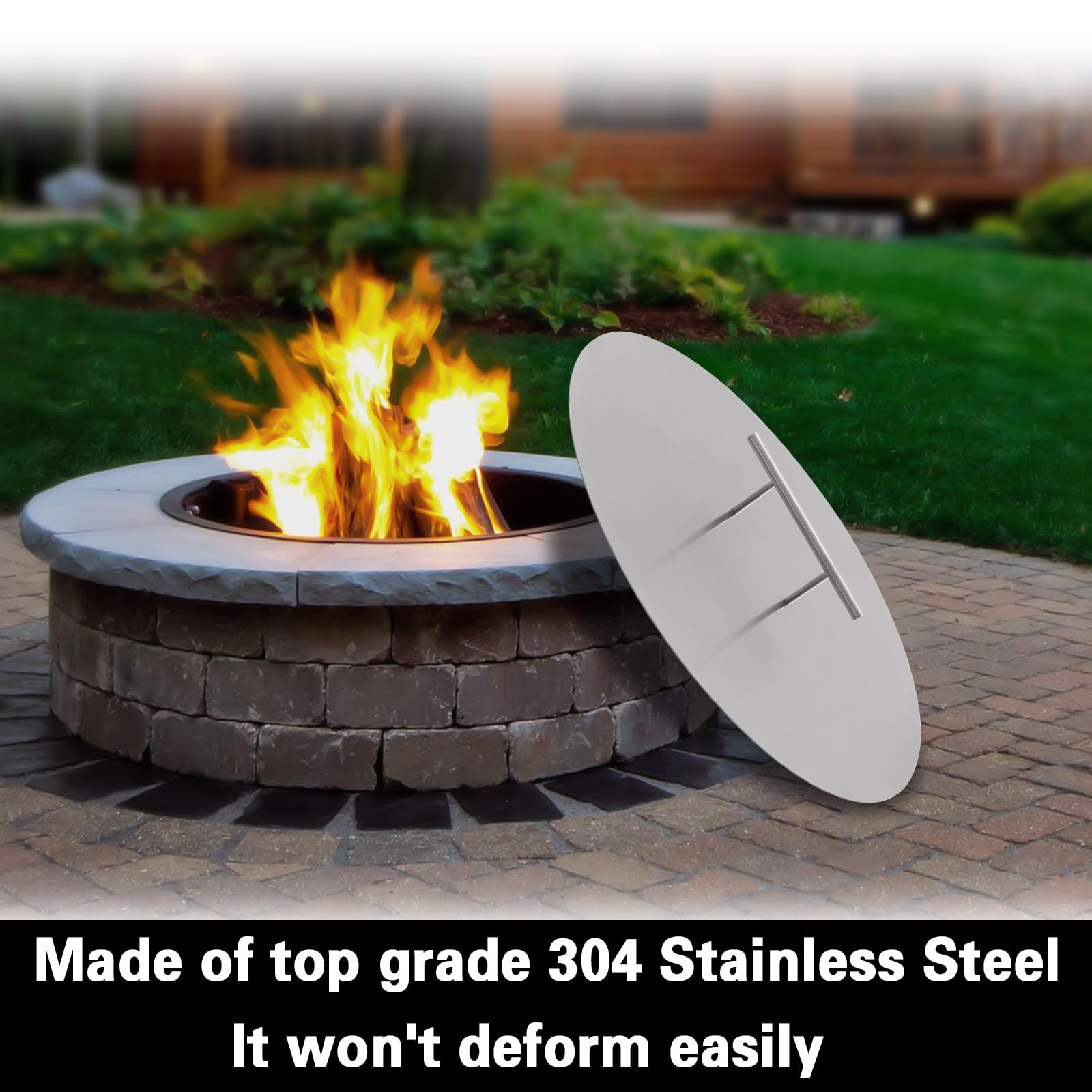 Fire Pit Burner Cover Round, 20 in Fire Pit Lid 1.5 mm Thickness 304 Stainless Steel, w/Handle, for 19 Inches Diameter Drop-in Fire Pit Burner Pan (Round, 20 in)