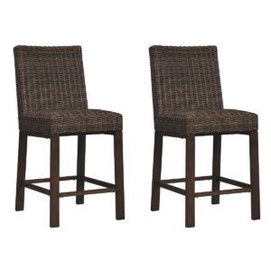 Signature Ashley Outdoor Wicker Barstools (2 Count) and Suncast 33 Gallon Resin Outdoor Trash Can