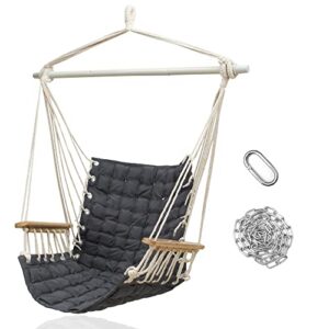 rooity hammock chair hanging swing with wooden armrests;steel spreader bar and anti-slip rings;cotton woven fabric;up to 300 lbs for bedroom,patio,porch,deck-indoor outdoor grey
