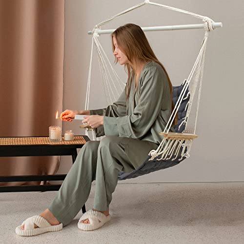 ROOITY Hammock Chair Hanging Swing with Wooden Armrests;Steel Spreader Bar and Anti-Slip Rings;Cotton Woven Fabric;Up to 300 Lbs for Bedroom,Patio,Porch,Deck-Indoor Outdoor Grey