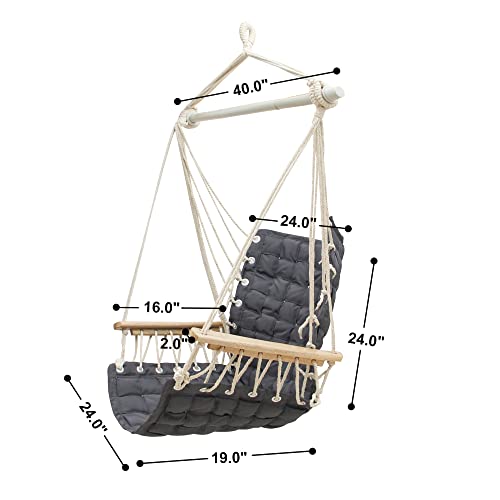 ROOITY Hammock Chair Hanging Swing with Wooden Armrests;Steel Spreader Bar and Anti-Slip Rings;Cotton Woven Fabric;Up to 300 Lbs for Bedroom,Patio,Porch,Deck-Indoor Outdoor Grey