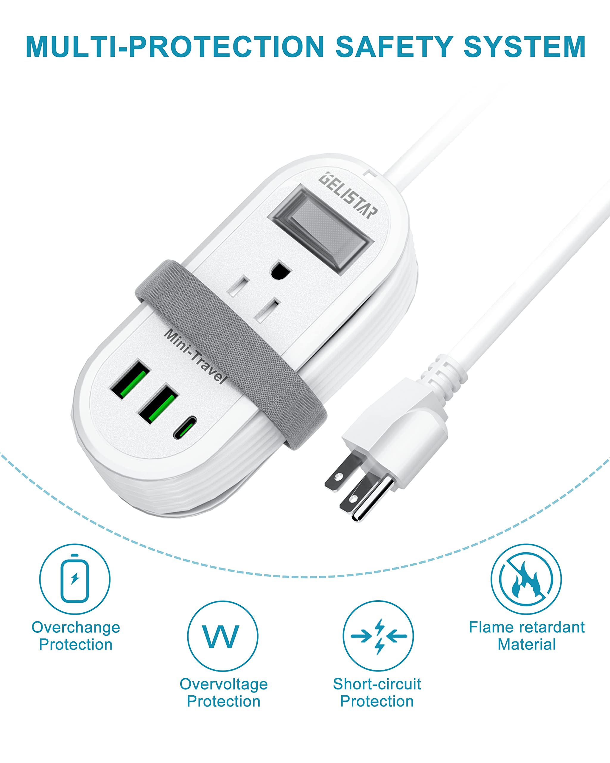 Travel Power Strip with USB Outlet,Travel Small Surge Protector Power Strip with 4ft Around Extension Cord 2 Outlets 2 USB Ports 1 USB C Outlet, Essentials for Travel Office Desk Cruise Vacation