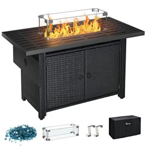 yitahome 43 inch propane fire pit table and resin wicker base, 50,000 btu gas fire pit with ignition systems, iron tabletop, fire glass beads, cover, lid hanger, rectangle outdoor firetable for patio