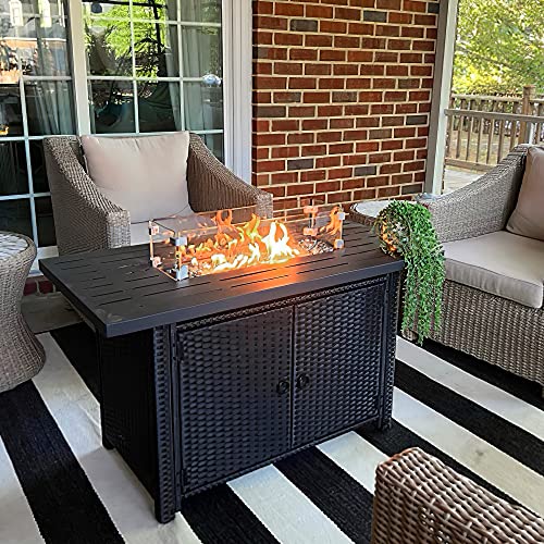 YITAHOME 43 Inch Propane Fire Pit Table and Resin Wicker Base, 50,000 BTU Gas Fire Pit with Ignition Systems, Iron Tabletop, Fire Glass Beads, Cover, Lid Hanger, Rectangle Outdoor Firetable for Patio