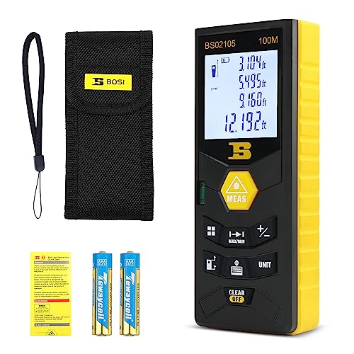 B BOSI TOOLS Laser Measurement Tool, High Accuracy 328FT Digital Laser Measure Distance Meter, Unit Switching with Backlit LCD and Bubble Level Hand Strap Battery for Area Volume Measurement M/in/Ft