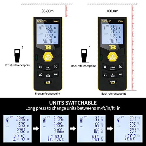 B BOSI TOOLS Laser Measurement Tool, High Accuracy 328FT Digital Laser Measure Distance Meter, Unit Switching with Backlit LCD and Bubble Level Hand Strap Battery for Area Volume Measurement M/in/Ft