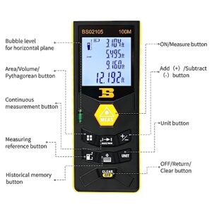 B BOSI TOOLS Laser Measurement Tool, High Accuracy 328FT Digital Laser Measure Distance Meter, Unit Switching with Backlit LCD and Bubble Level Hand Strap Battery for Area Volume Measurement M/in/Ft