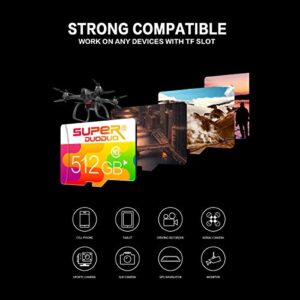 Mini SD Card 512GB Micro SD Card High Speed Card 512GB TF Card Class 10 Memory Cards with Adapter for Smartphones, Surveillances, Action Cameras,Tablets,Drones