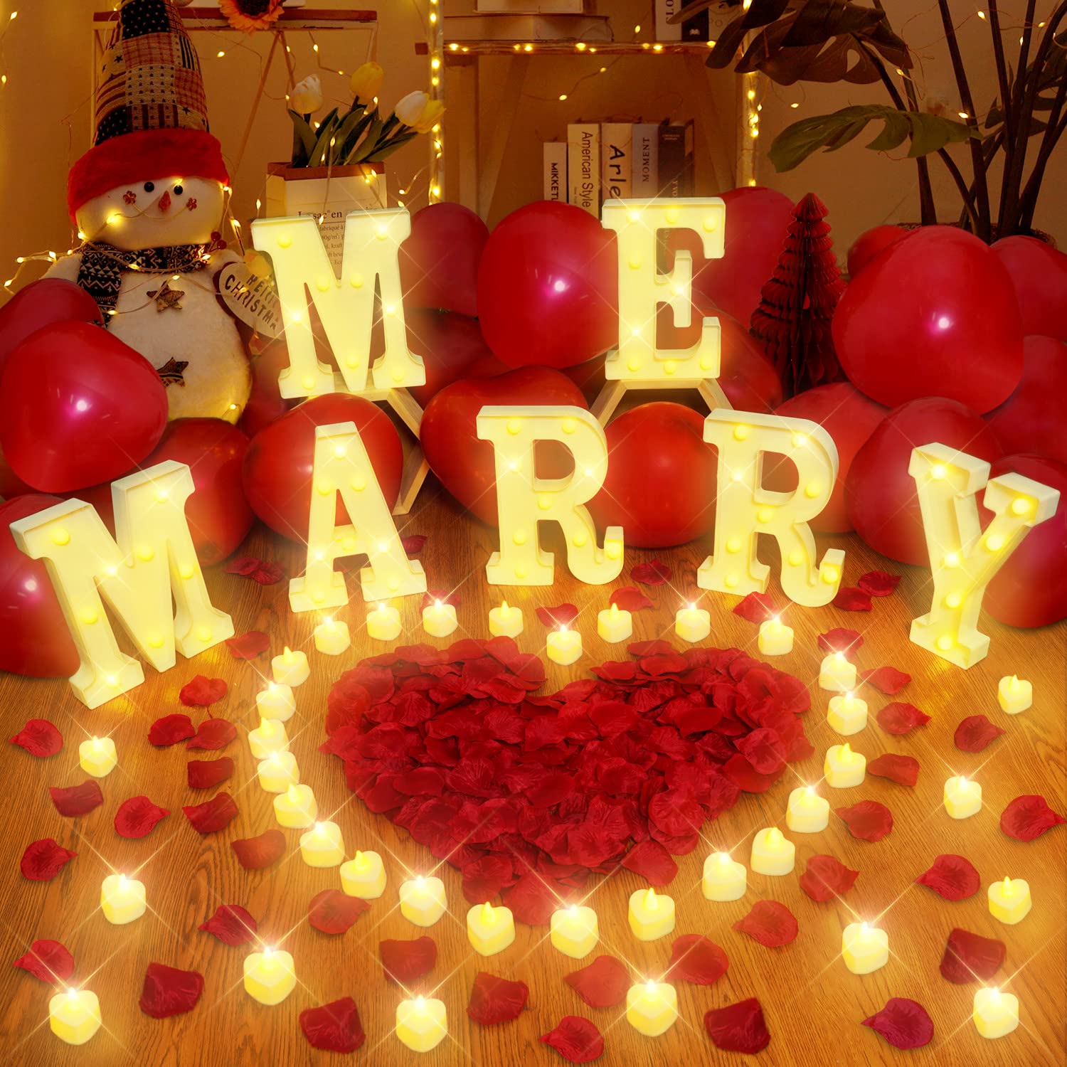 Homemory Marry Me Light Up Letters Proposal Decorations, Marry Me Sign with 24Pcs Flameless Candles 2000Pcs Red Fake Rose Petals 30Pcs Red Balloons for Valentine's Day Wedding Proposal Romantic Night