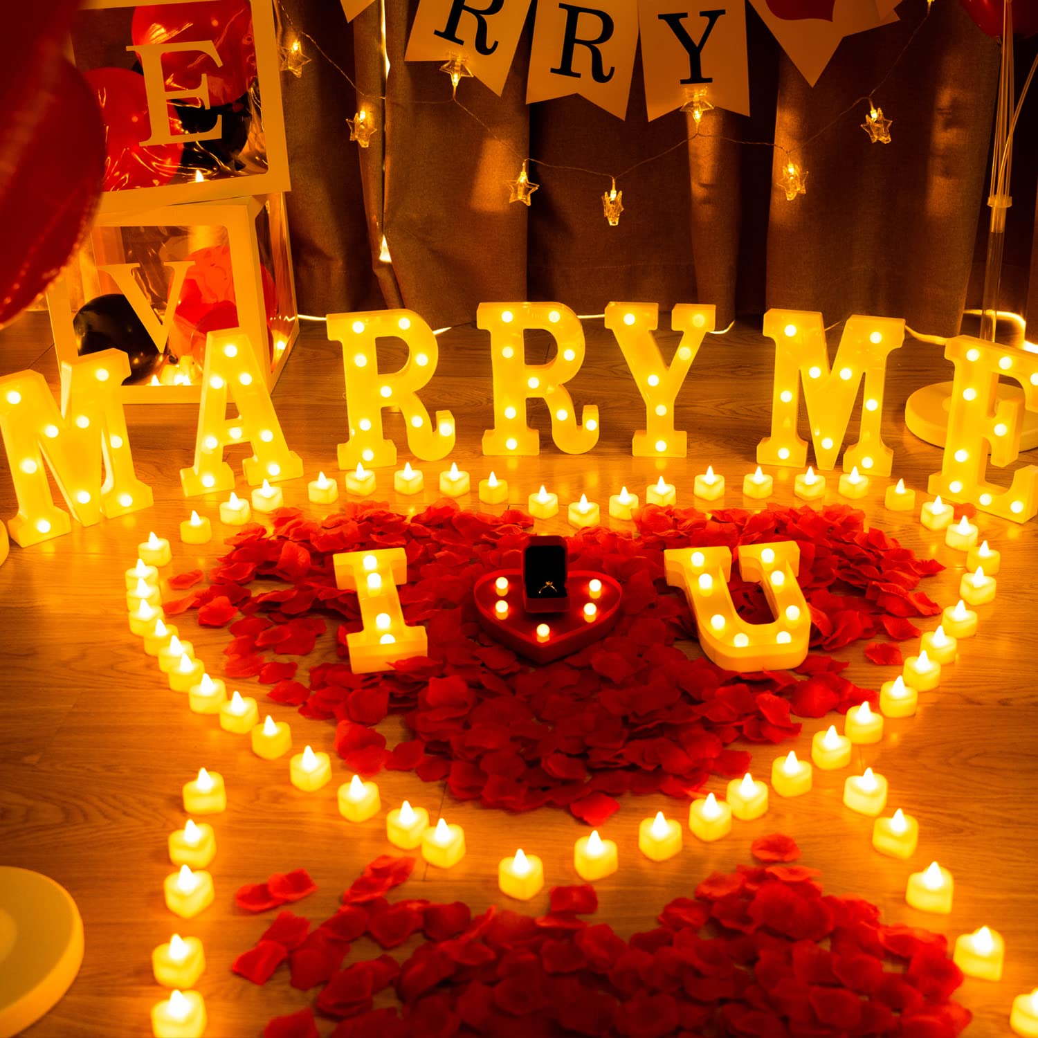 Homemory Marry Me Light Up Letters Proposal Decorations, Marry Me Sign with 24Pcs Flameless Candles 2000Pcs Red Fake Rose Petals 30Pcs Red Balloons for Valentine's Day Wedding Proposal Romantic Night