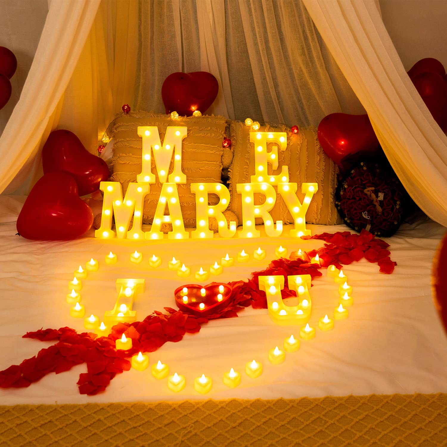 Homemory Marry Me Light Up Letters Proposal Decorations, Marry Me Sign with 24Pcs Flameless Candles 2000Pcs Red Fake Rose Petals 30Pcs Red Balloons for Valentine's Day Wedding Proposal Romantic Night