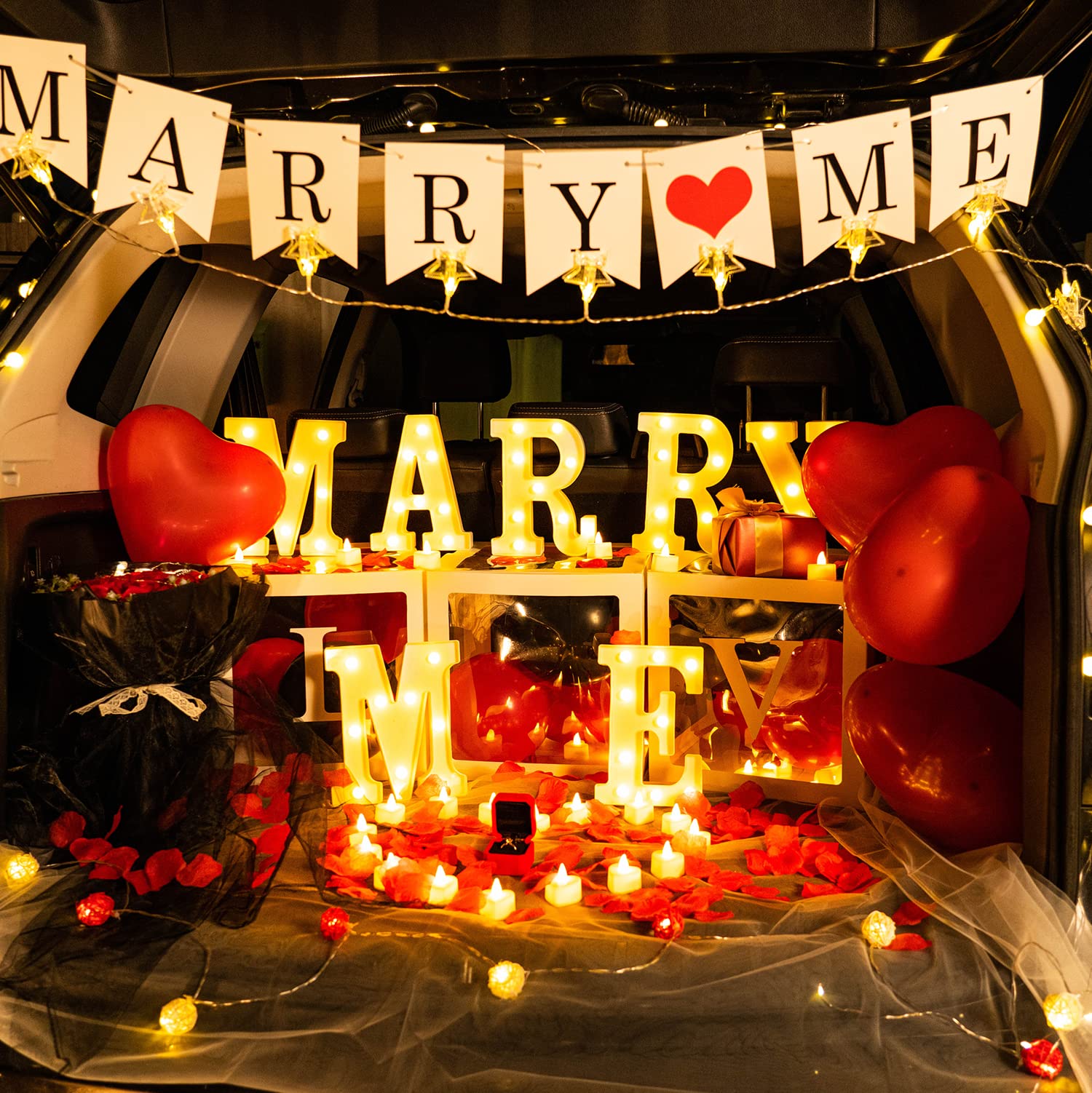 Homemory Marry Me Light Up Letters Proposal Decorations, Marry Me Sign with 24Pcs Flameless Candles 2000Pcs Red Fake Rose Petals 30Pcs Red Balloons for Valentine's Day Wedding Proposal Romantic Night