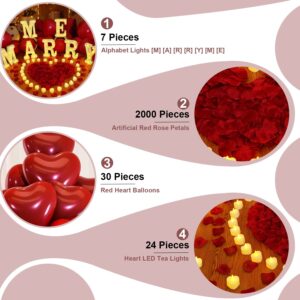 Homemory Marry Me Light Up Letters Proposal Decorations, Marry Me Sign with 24Pcs Flameless Candles 2000Pcs Red Fake Rose Petals 30Pcs Red Balloons for Valentine's Day Wedding Proposal Romantic Night