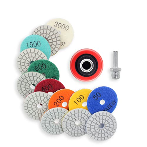 FINGLEE DT 2 Inch Diamond Polishing Pads with 7Pcs Dry Wet Granite Stone Polish Pad Kit for Drill，50-3000 Grit Polishing Pad (7Pcs Dry/Wet Pads+1 Drill Adapter)