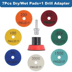 FINGLEE DT 2 Inch Diamond Polishing Pads with 7Pcs Dry Wet Granite Stone Polish Pad Kit for Drill，50-3000 Grit Polishing Pad (7Pcs Dry/Wet Pads+1 Drill Adapter)