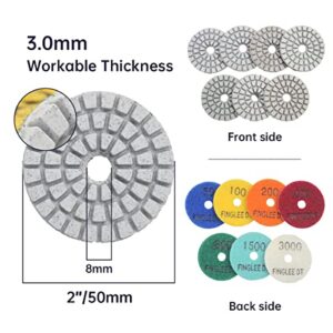 FINGLEE DT 2 Inch Diamond Polishing Pads with 7Pcs Dry Wet Granite Stone Polish Pad Kit for Drill，50-3000 Grit Polishing Pad (7Pcs Dry/Wet Pads+1 Drill Adapter)