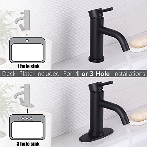 WOEN-FLOW Matte Black Bathroom Faucet Sink Faucets Vanity Vessel Faucet & Deck Plate 1 or 3 Hole Washroom Taps Lavatory Faucet Stainless Steel cUPC Certified Single Hole Handle