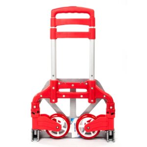 portable folding hand truck aluminium luggage trolley cart and dolly 165 lbs capacity with bungee cord, telescoping handle, pvc wheels with double bearings for travel office auto moving (red)
