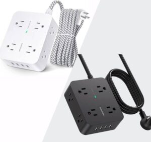 8 outlets power strip with 4 usb charging ports, 3 side outlet extender with 5ft braided extension cord, flat plug, wall mount, desk usb charging station for home office