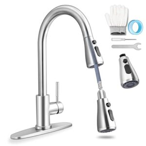 homikit kitchen faucet with 2 sprayer, pull down kitchen sink faucets brushed nickel, 18/10 stainless steel single handle kitchen farmhouse rv bar laundry sink faucet drip free