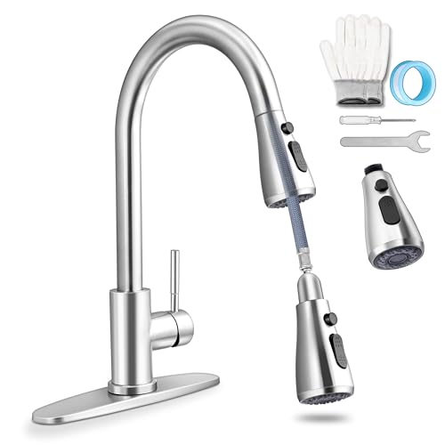 Homikit Kitchen Faucet with 2 Sprayer, Pull Down Kitchen Sink Faucets Brushed Nickel, 18/10 Stainless Steel Single Handle Kitchen Farmhouse RV Bar Laundry Sink Faucet Drip Free