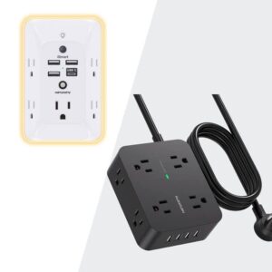 outlet extender with night light and black 8 outlets power strip surge protector with 4 usb ports bundle