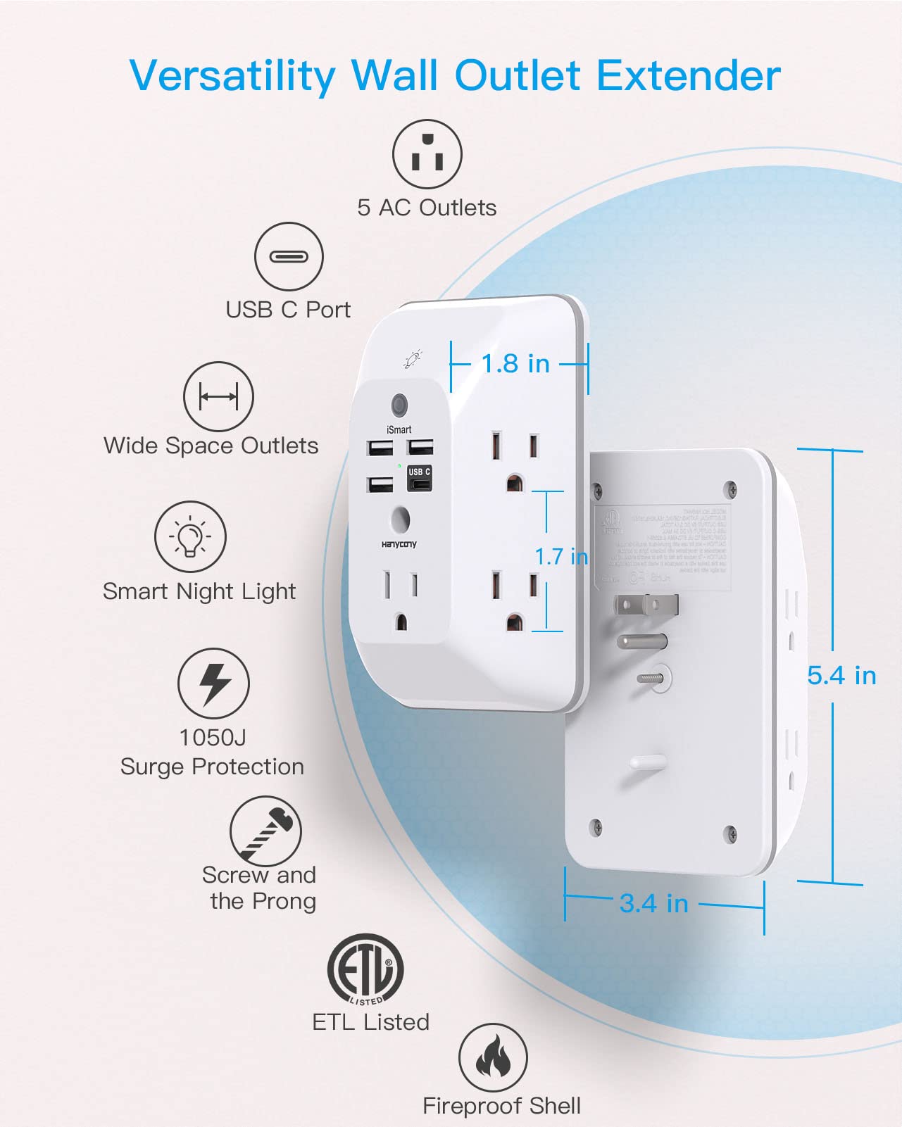 Outlet Extender with Night Light and Black 8 Outlets Power Strip Surge Protector with 4 USB Ports Bundle