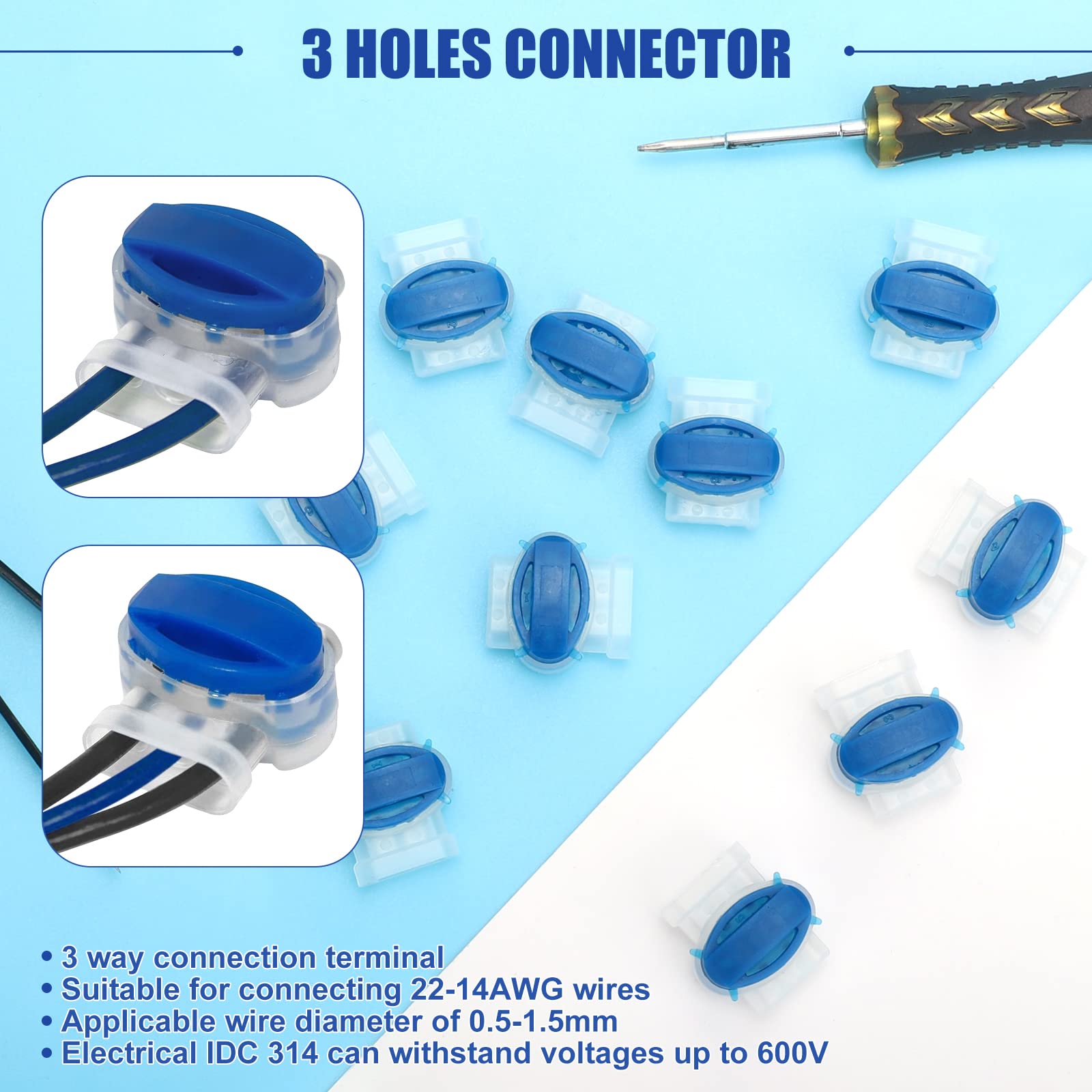 Electrical IDC 314-BOX Pigtail 3 Wire Connectors, EEEkit Self-Stripping Moisture-Resistant Pigtail Connectors for 22-14 AWG Cables, Robotic Lawn Mowers, Irrigation Applications, 50 Pack