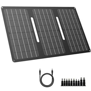 portable solar panel with 15v dc output, 30w foldable solar charger for solar generator,10 in 1 connectors, dc to dc cable, waterproof ip65 for outdoor camping rv road trip off grid life