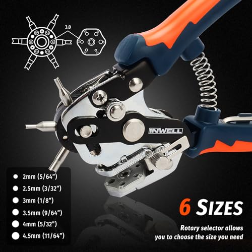 Inwell Leather Hole Punch, Belt Hole Puncher for Leather, Heavy Duty Leather Punch Tool with 6 Solid Holes, for Belts, Fabric, Crafts, Card, Watch Bands, Pet Collars, etc