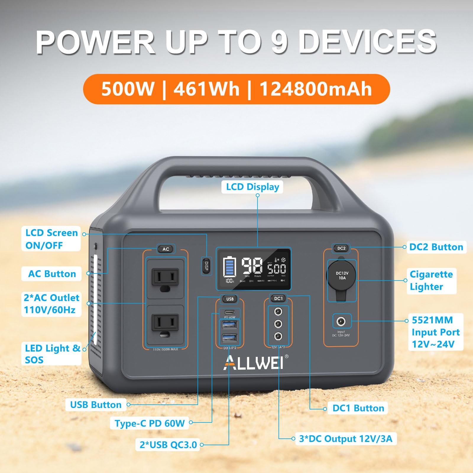 ALLWEI 500W Solar Generator(1000W Peak) with 100W Portable Solar Panel, 461Wh Portable Power Station, 3 USB-C Port PD60W, 2 AC Outlet, Solar Power Generator for Outdoor RV Camping CPAP Emergency