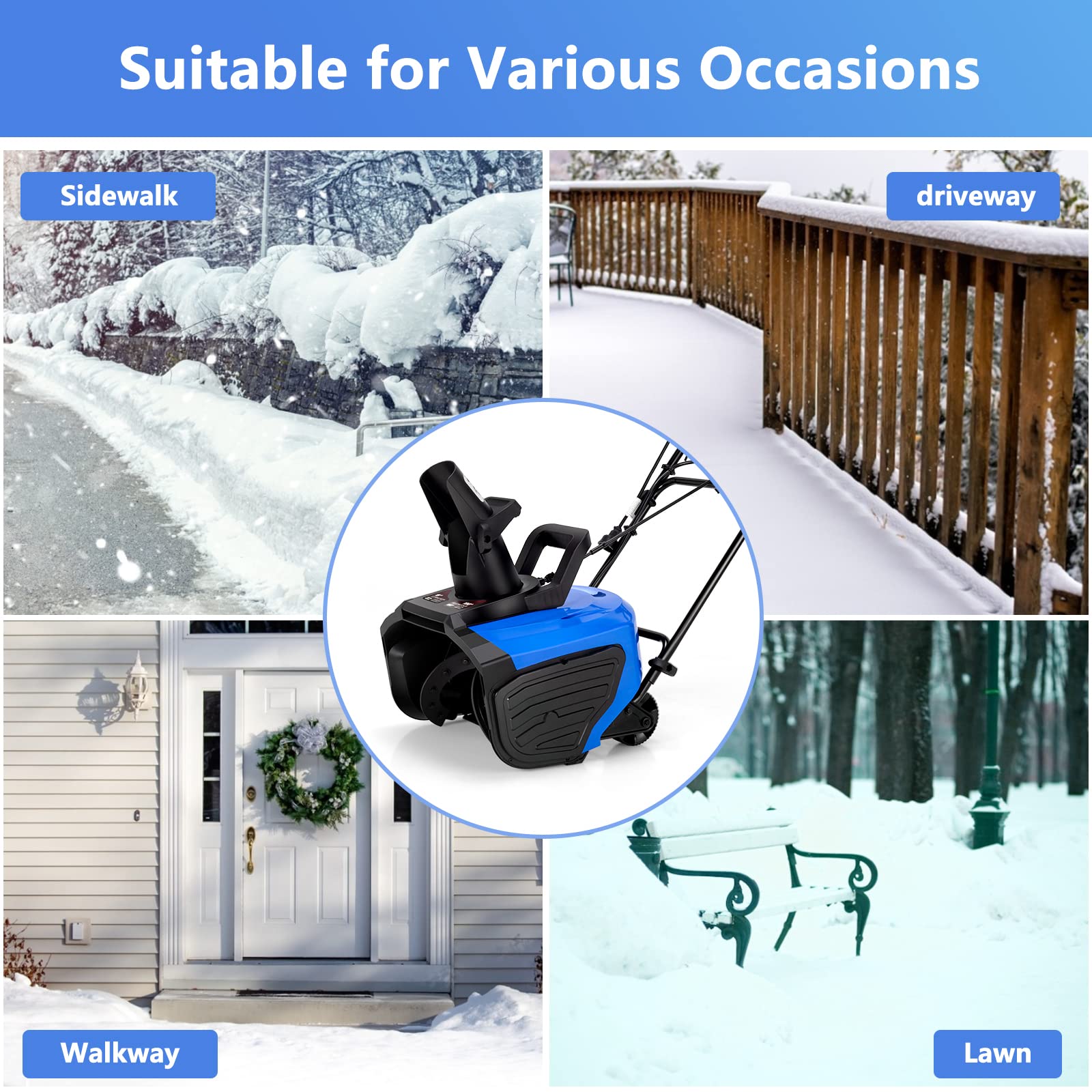 S AFSTAR Snow Blower, Electric Snow Thrower with 180° Chute Rotation & 2 Transport Wheels, 10” Clearing Depth & 18” Width, Power Snow Blower w/30 Feet Throwing Distance, 720Lbs /Minute (Blue)