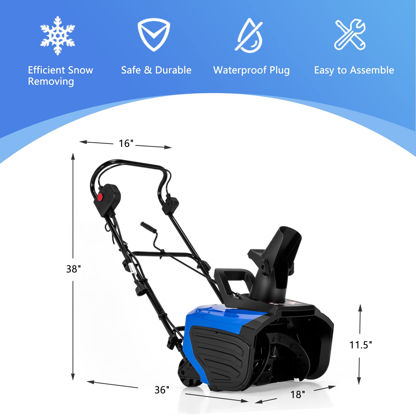 S AFSTAR Snow Blower, Electric Snow Thrower with 180° Chute Rotation & 2 Transport Wheels, 10” Clearing Depth & 18” Width, Power Snow Blower w/30 Feet Throwing Distance, 720Lbs /Minute (Blue)