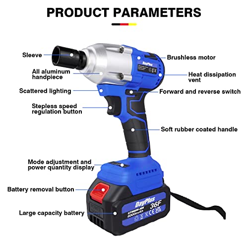 Cordless Impact Wrench 1/2 inch，420N.m Max Torque, Brushless Power Impact Gun, 6.0Ah Li-ion Battery with Fast Charger, 4Pcs Sockets, Electric Impact Driver for Car Home