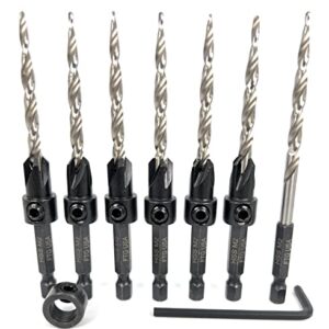 FTG USA Countersink Drill Bit Set 6 Pc #10 (3/16") Wood Countersink Drill Bit, 1 Replacement Tapered Drill Bit, 1 Stop Collar, 1 Hex Wrench, 6 Storage Containers