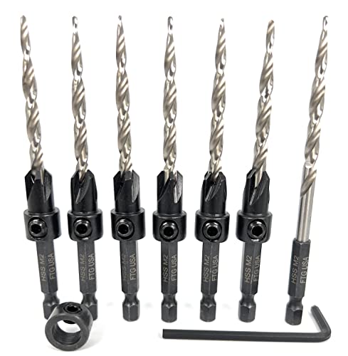 FTG USA Countersink Drill Bit Set 6 Pc #10 (3/16") Wood Countersink Drill Bit, 1 Replacement Tapered Drill Bit, 1 Stop Collar, 1 Hex Wrench, 6 Storage Containers