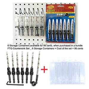 FTG USA Countersink Drill Bit Set 6 Pc #10 (3/16") Wood Countersink Drill Bit, 1 Replacement Tapered Drill Bit, 1 Stop Collar, 1 Hex Wrench, 6 Storage Containers