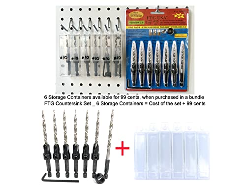 FTG USA Countersink Drill Bit Set 6 Pc #10 (3/16") Wood Countersink Drill Bit, 1 Replacement Tapered Drill Bit, 1 Stop Collar, 1 Hex Wrench, 6 Storage Containers