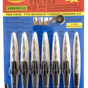 FTG USA Countersink Drill Bit Set 6 Pc #10 (3/16") Wood Countersink Drill Bit, 1 Replacement Tapered Drill Bit, 1 Stop Collar, 1 Hex Wrench, 6 Storage Containers