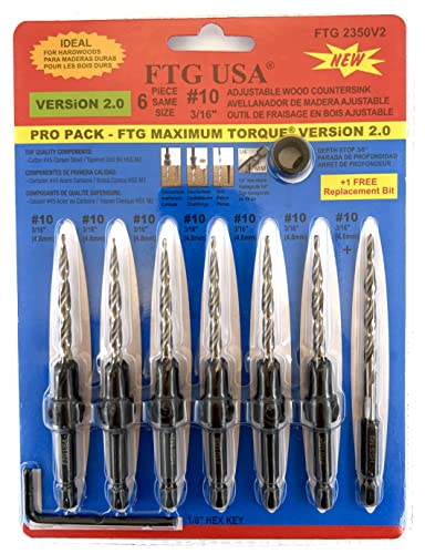 FTG USA Countersink Drill Bit Set 6 Pc #10 (3/16") Wood Countersink Drill Bit, 1 Replacement Tapered Drill Bit, 1 Stop Collar, 1 Hex Wrench, 6 Storage Containers