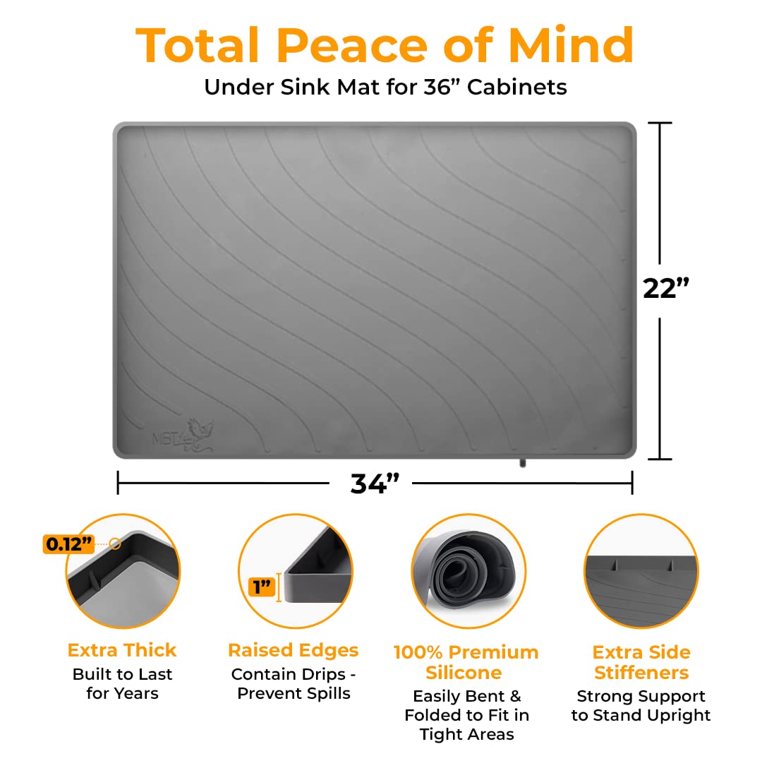 Under Sink Mat for 36” Standard Cabinet, 34" x 22" x 1" Durable & Long-Lasting Drip Tray with Unique Drain Hole, Silicone Under Sink Mats for Kitchen Waterproof by MBT Life