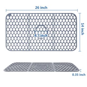 HUMUMU Sink Protectors for Kitchen Sink 26" x 14", Grey Non-Slip Sink Mats for Bottom of Kitchen Sink，Collapsible-Cuttable Silicone Sink Mat for Farmhouse Stainless Steel Porcelain Sink（Center Drain）
