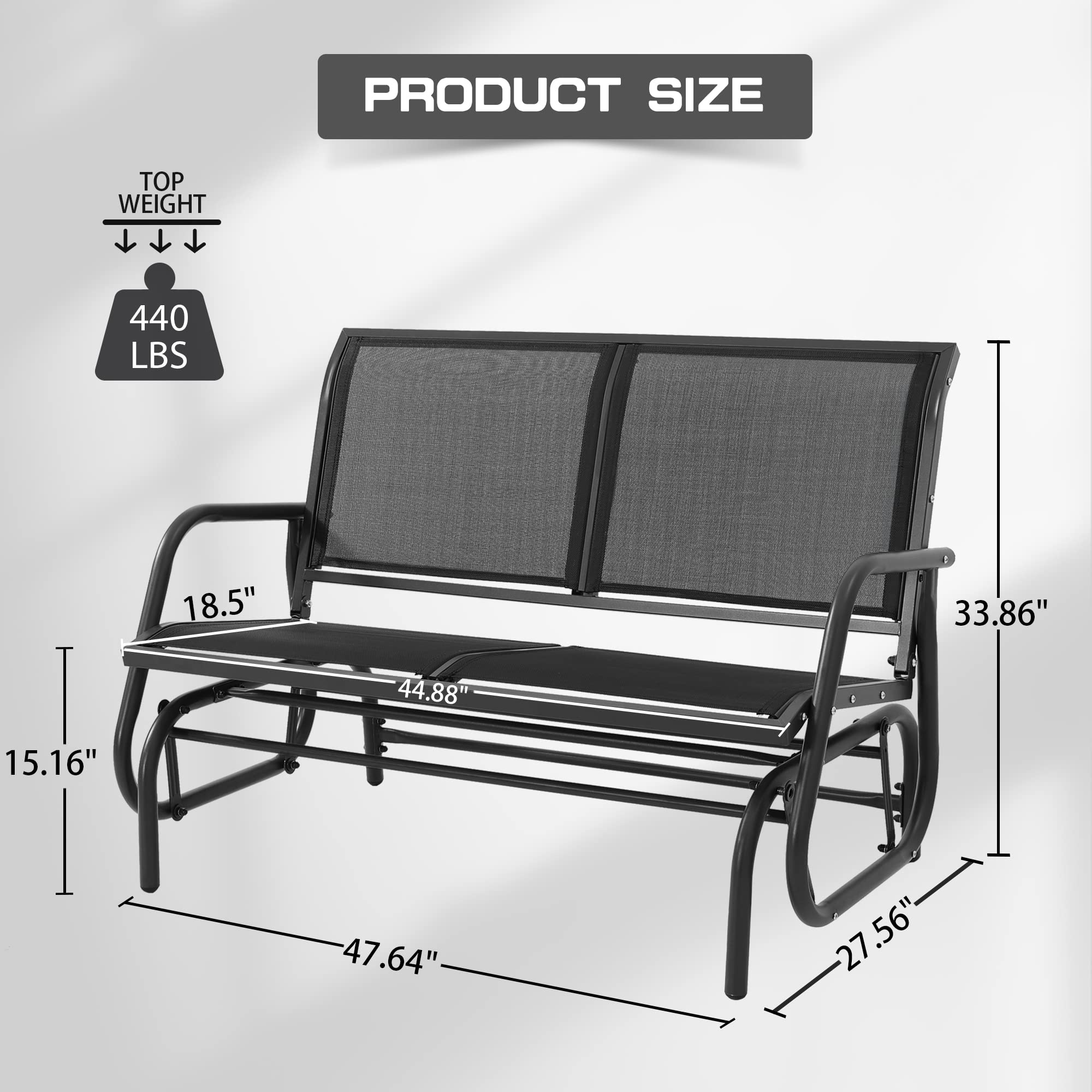 KROFEM Patio Outdoor Glider Bench, High Backrest and Breathable Mesh Fabric, Yard Porch Loveseat, Outside Rocking Swing Chair, Heavy Duty Metal, Clearance, Black